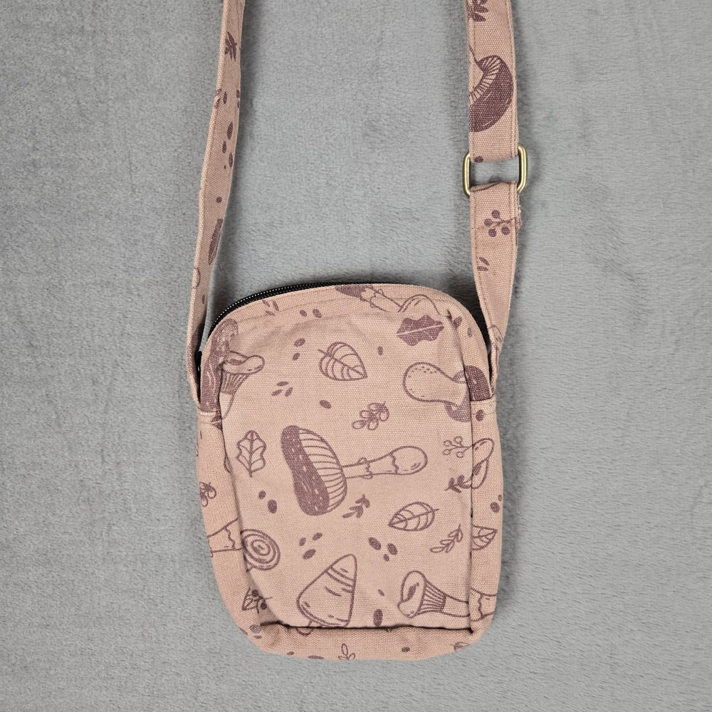 Lakhays Mushroom Print Crossbody Bag Purse Handmade Artisan Tan Canvas Fungi